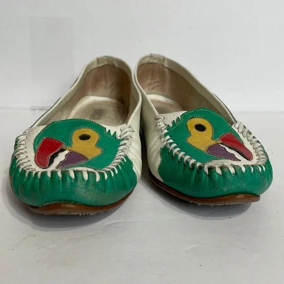 Parrot Loafers 5 Vintage Rainbow Leather Patchwork Green Hokus Pokus Bird - Picture 11 of 13